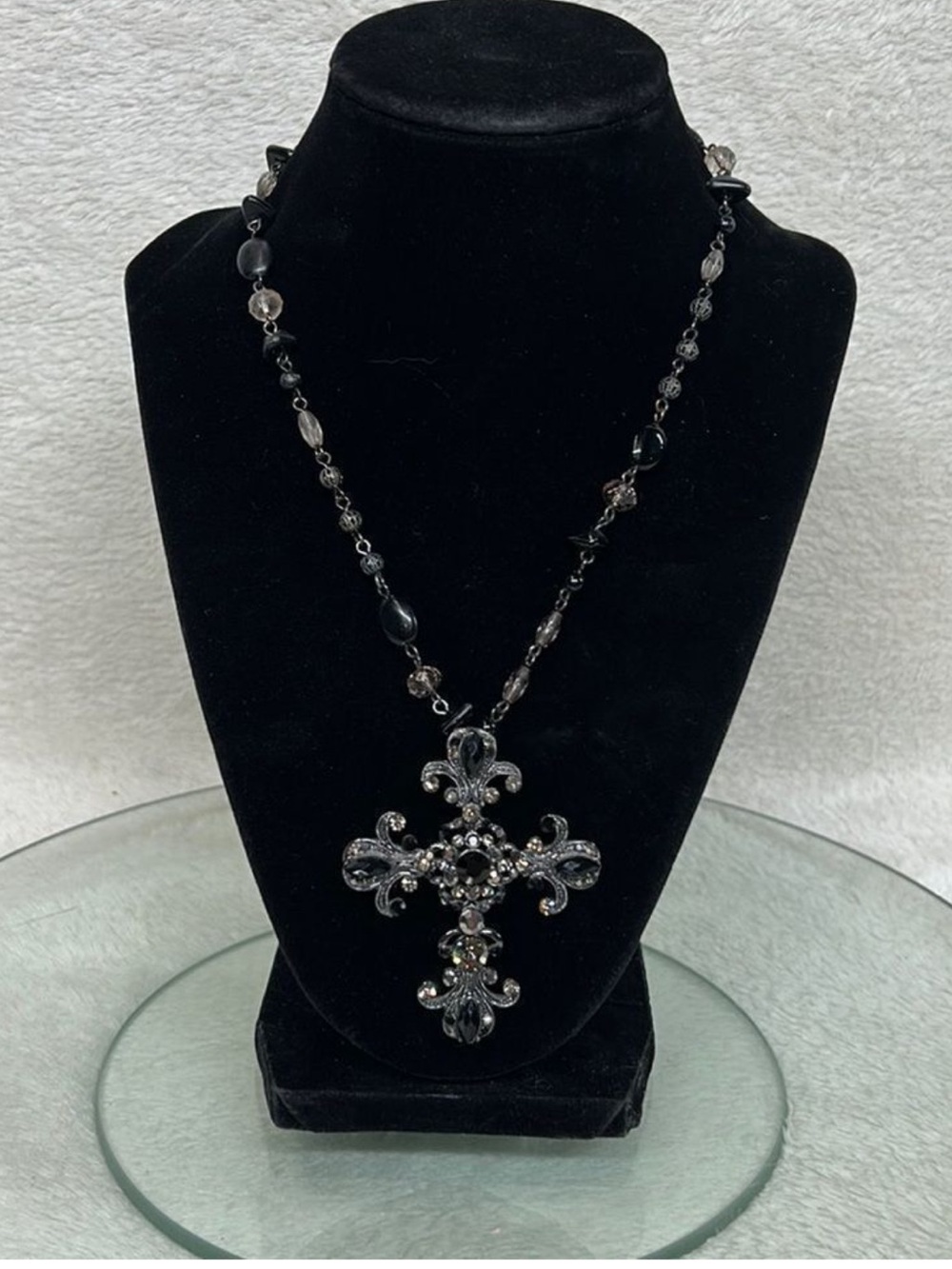 Vintage Black and Silver Ornate Cross Pendant Necklace